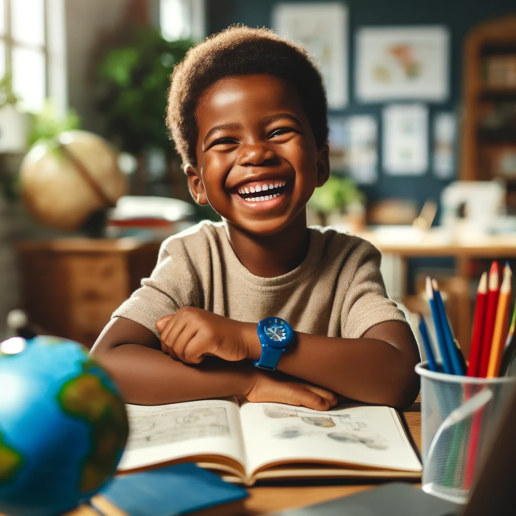 Glücklicher junger afrikanischer Junge sitzt an einem Schreibtisch bei der Nachhilfe mit Büchern und einem Laptop, lächelt beim Lernen in einem hell erleuchteten Raum mit Bildungspostern und einem Globus auf dem Tisch.